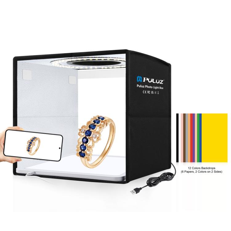 PULUZ 25 cm pieghevole portatile anello ad alto CRI LED illuminazione fotografica tenda da studio + pannello lampada a luce senza ombre con fondali a 12 colori, dimensioni: 25 cm x 25 cm x 25 cm, 25cm High CRI Box + Shadowless Light