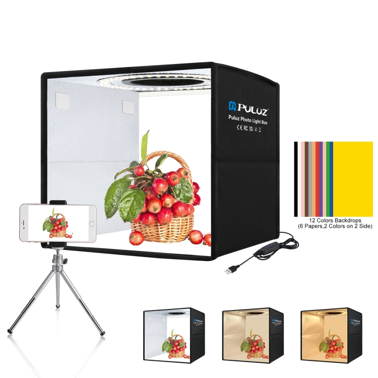PULUZ 25 cm Pieghevole Portatile 3 Modalità Doppia Temperatura di Colore Anello di Luce Illuminazione Fotografica Tenda da Studio con 6 Fondali Colorati su Doppio Lato, Dimensioni: 25 cm x 25 cm x 25 cm, 25cm 3 Color Temp. Box Black