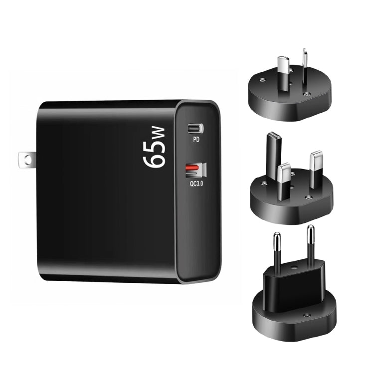 PD-65W USB-C / Tipo-C + QC3.0 adattatore di ricarica per laptop USB + set di cavi dati USB-C / da tipo C a USB-C / tipo C da 2 m, spina europea / spina AU / spina USA / spina UK, USB-C / Type-C Cable, EU Plug / AU Plug / US Plug / UK Plug