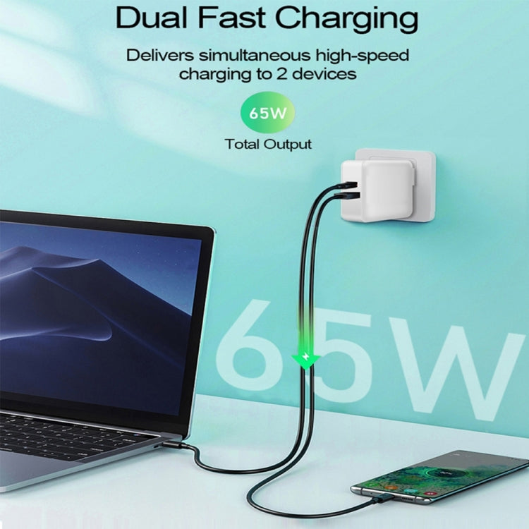 PD-65W USB-C / Tipo-C + QC3.0 adattatore di ricarica per laptop USB + set di cavi dati USB-C / da tipo C a USB-C / tipo C da 2 m, spina europea / spina AU / spina USA / spina UK, USB-C / Type-C Cable, EU Plug / AU Plug / US Plug / UK Plug
