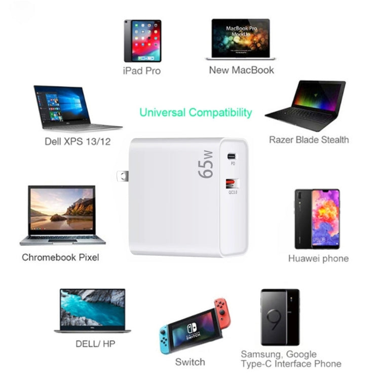 PD-65W USB-C / Tipo-C + QC3.0 adattatore di ricarica per laptop USB + set di cavi dati USB-C / da tipo C a USB-C / tipo C da 2 m, spina europea / spina AU / spina USA / spina UK, USB-C / Type-C Cable, EU Plug / AU Plug / US Plug / UK Plug