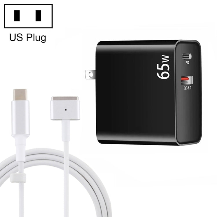 PD-65W USB-C / Tipo-C + QC3.0 Adattatore di ricarica per laptop USB + Cavo dati USB-C / Type-C da 1,8 m a MagSafe 2 / T, spina USA, MagSafe 2 / T Cable, US Plug