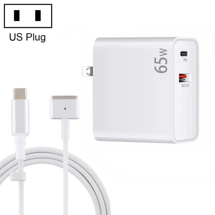 PD-65W USB-C / Tipo-C + QC3.0 Adattatore di ricarica per laptop USB + Cavo dati USB-C / Type-C da 1,8 m a MagSafe 2 / T, spina USA, MagSafe 2 / T Cable, US Plug