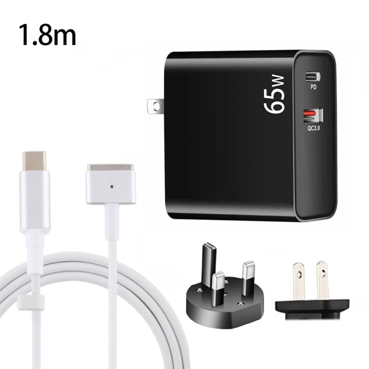PD-65W USB-C / Tipo-C + QC3.0 adattatore di ricarica per laptop USB + cavo dati USB-C / Type-C da 1,8 m a MagSafe 2 / T Head, spina UK / spina USA, MagSafe 2 / T Cable, UK Plug / US Plug