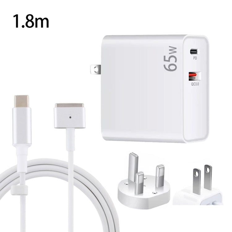 PD-65W USB-C / Tipo-C + QC3.0 adattatore di ricarica per laptop USB + cavo dati USB-C / Type-C da 1,8 m a MagSafe 2 / T Head, spina UK / spina USA, MagSafe 2 / T Cable, UK Plug / US Plug
