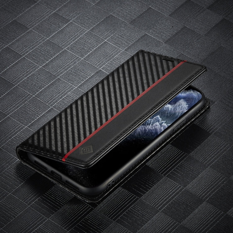 LC.IMEEKE Custodia in pelle a vibrazione orizzontale PU + TPU in fibra di carbonio con supporto, slot per schede e portafoglio, For iPhone 11, For iPhone 11 Pro, For iPhone 11 Pro Max, For iPhone 12 mini, For iPhone 12 / 12 Pro, For iPhone 12 Pro Max  ...