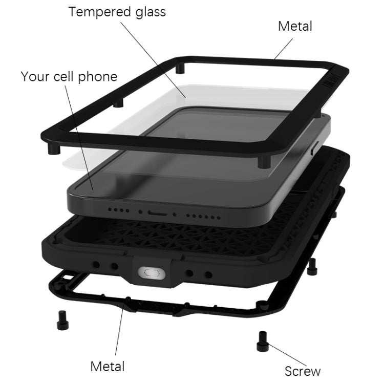 Custodia per telefono antipolvere impermeabile antiurto in metallo LOVE MEI, For iPhone 15 Plus, For iPhone 15