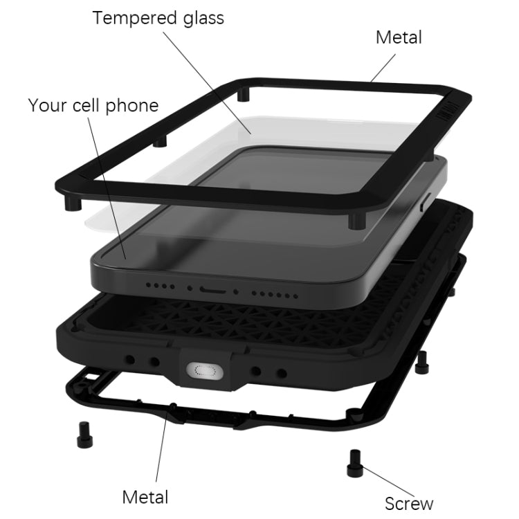 Custodia per telefono antipolvere impermeabile antiurto in metallo LOVE MEI, For iPhone 15 Pro, For iPhone 15 Plus, For iPhone 15