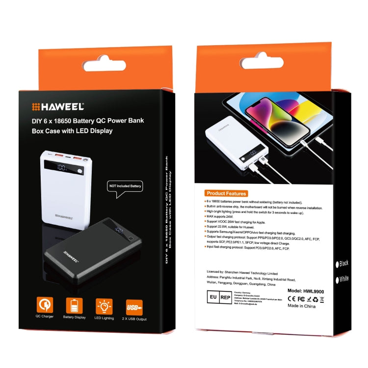 HAWEEL DIY 6 x 18650 Batteria 24W Custodia Power Bank a ricarica rapida con display, batteria non inclusa, 6 x 18650 Battery