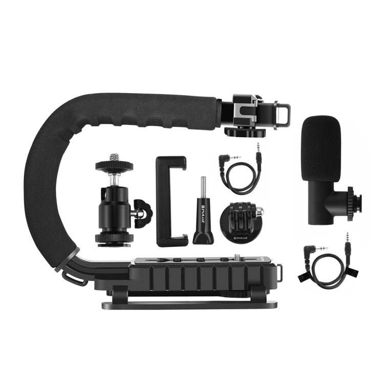 PULUZ Stabilizzatore per staffa DV portatile a forma di U/C + kit microfono per fucile video con testa per treppiede con slitta fredda per tutte le fotocamere reflex e fotocamera DV domestica, Bracket Kits + Mic