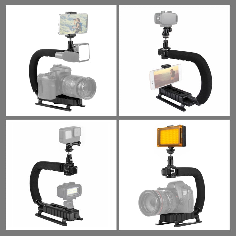 PULUZ Stabilizzatore per staffa DV portatile a forma di U/C + kit luce da studio a LED con testa per treppiede con slitta fredda per tutte le fotocamere reflex e fotocamera DV domestica, Bracket Kits + LED