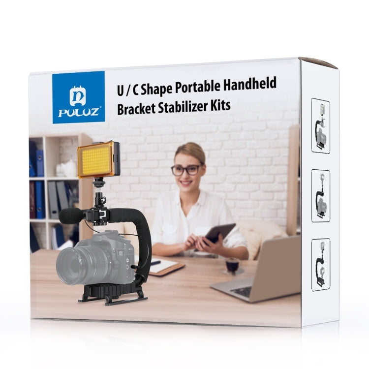 PULUZ Stabilizzatore per staffa DV portatile a forma di U/C + kit luce da studio a LED con testa per treppiede con slitta fredda per tutte le fotocamere reflex e fotocamera DV domestica, Bracket Kits + LED