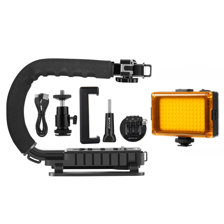 PULUZ Stabilizzatore per staffa DV portatile a forma di U/C + kit luce da studio a LED con testa per treppiede con slitta fredda per tutte le fotocamere reflex e fotocamera DV domestica, Bracket Kits + LED