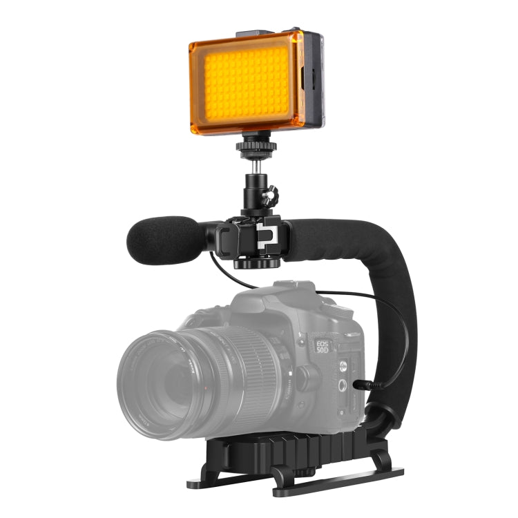 PULUZ Stabilizzatore per staffa DV portatile a forma di U/C + luce da studio a LED + kit microfono per fucile video con testa per treppiede con slitta fredda per tutte le fotocamere reflex e fotocamera DV domestica
