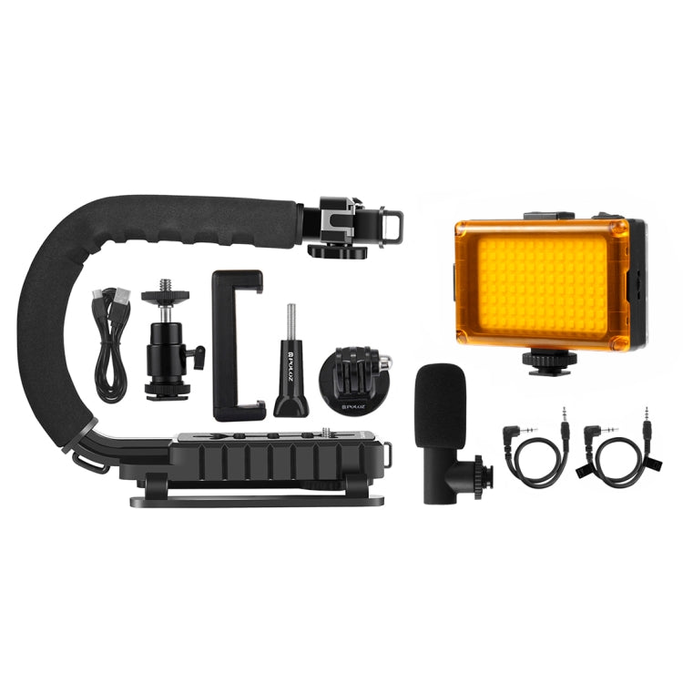 PULUZ Stabilizzatore per staffa DV portatile a forma di U/C + luce da studio a LED + kit microfono per fucile video con testa per treppiede con slitta fredda per tutte le fotocamere reflex e fotocamera DV domestica