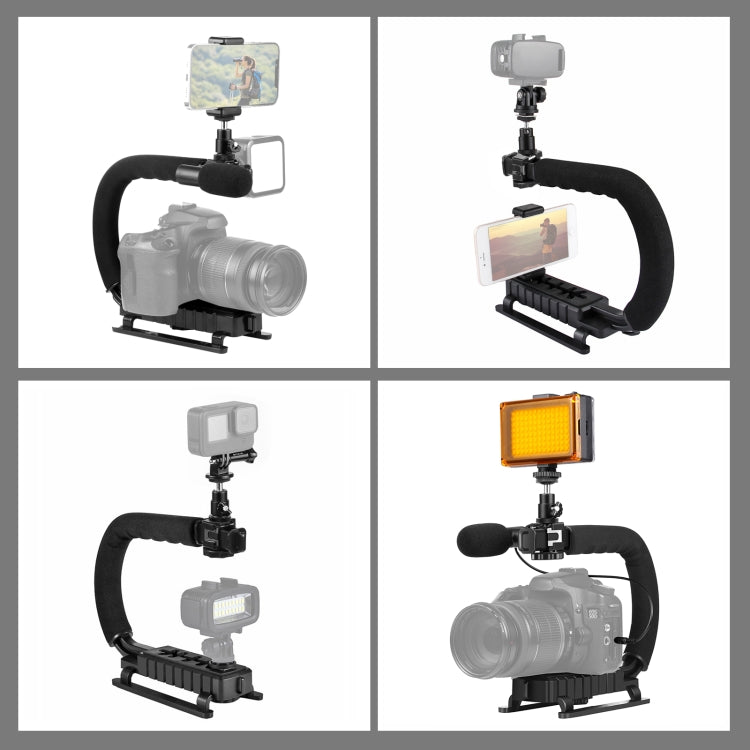 PULUZ Stabilizzatore per staffa DV portatile a forma di U/C + luce da studio a LED + kit microfono per fucile video con testa per treppiede con slitta fredda per tutte le fotocamere reflex e fotocamera DV domestica