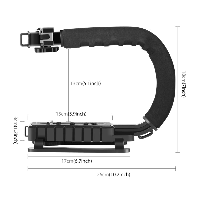 PULUZ Stabilizzatore per staffa DV portatile a forma di U/C + kit di luce di riempimento a LED con testa per treppiede con slitta fredda per tutte le fotocamere reflex e fotocamere DV domestiche, C-Shaped Bracket + Fill Light