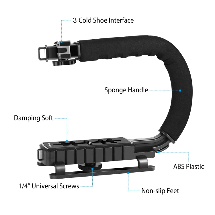 PULUZ Stabilizzatore per staffa DV portatile a forma di U/C + kit di luce di riempimento a LED con testa per treppiede con slitta fredda per tutte le fotocamere reflex e fotocamere DV domestiche, C-Shaped Bracket + Fill Light