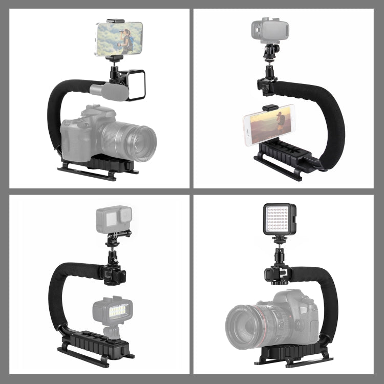 PULUZ Stabilizzatore per staffa DV portatile a forma di U/C + kit di luce di riempimento a LED con testa per treppiede con slitta fredda per tutte le fotocamere reflex e fotocamere DV domestiche, C-Shaped Bracket + Fill Light