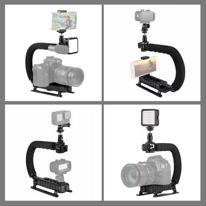 PULUZ Stabilizzatore per staffa DV portatile a forma di U/C + kit di luce di riempimento a LED con testa per treppiede con slitta fredda per tutte le fotocamere reflex e fotocamere DV domestiche, C-Shaped Bracket + Fill Light