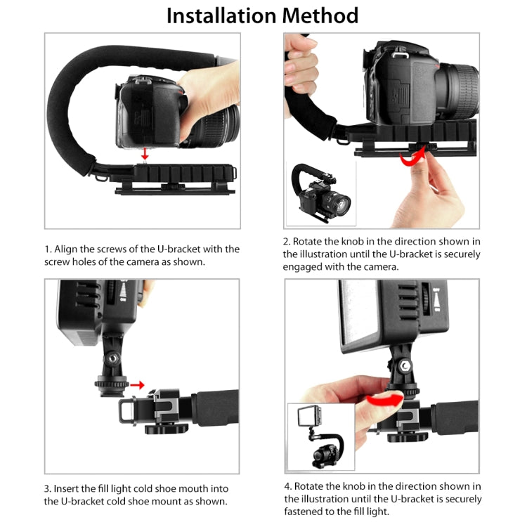 PULUZ Stabilizzatore per staffa DV portatile a forma di U/C + kit di luce di riempimento a LED con testa per treppiede con slitta fredda per tutte le fotocamere reflex e fotocamere DV domestiche, C-Shaped Bracket + Fill Light