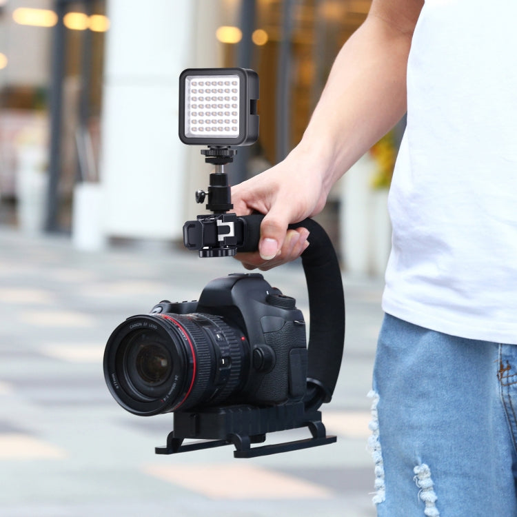 PULUZ Stabilizzatore per staffa DV portatile a forma di U/C + kit di luce di riempimento a LED con testa per treppiede con slitta fredda per tutte le fotocamere reflex e fotocamere DV domestiche, C-Shaped Bracket + Fill Light