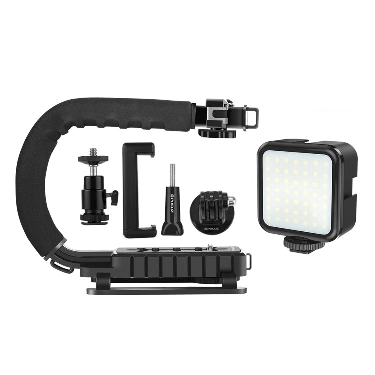 PULUZ Stabilizzatore per staffa DV portatile a forma di U/C + kit di luce di riempimento a LED con testa per treppiede con slitta fredda per tutte le fotocamere reflex e fotocamere DV domestiche, C-Shaped Bracket + Fill Light