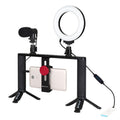 PULUZ 4 in 1 Vlogging Trasmissione dal vivo 4,7 pollici 12 cm Anello LED Selfie Light Smartphone Video Rig Maniglia Stabilizzatore Kit staffa in alluminio con microfono + Supporto per treppiede + Testa per treppiede con slitta fredda                   ...