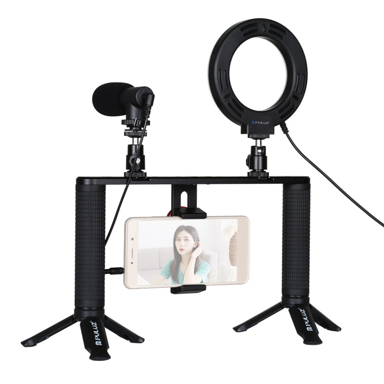 PULUZ 4 in 1 Vlogging Trasmissione dal vivo 4,7 pollici 12 cm Anello LED Selfie Light Smartphone Video Rig Maniglia Stabilizzatore Kit staffa in alluminio con microfono + Supporto per treppiede + Testa per treppiede con slitta fredda                   ...