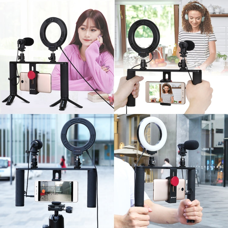 PULUZ 4 in 1 Vlogging Trasmissione dal vivo 4,7 pollici 12 cm Anello LED Selfie Light Smartphone Video Rig Maniglia Stabilizzatore Kit staffa in alluminio con microfono + Supporto per treppiede + Testa per treppiede con slitta fredda                   ...