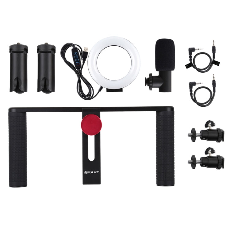 PULUZ 4 in 1 Vlogging Trasmissione dal vivo 4,7 pollici 12 cm Anello LED Selfie Light Smartphone Video Rig Maniglia Stabilizzatore Kit staffa in alluminio con microfono + Supporto per treppiede + Testa per treppiede con slitta fredda                   ...