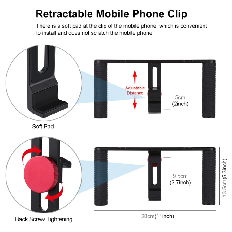 PULUZ 4 in 1 Vlogging Trasmissione dal vivo 4,7 pollici 12 cm Anello LED Selfie Light Smartphone Video Rig Maniglia Stabilizzatore Kit staffa in alluminio con microfono + Supporto per treppiede + Testa per treppiede con slitta fredda                   ...