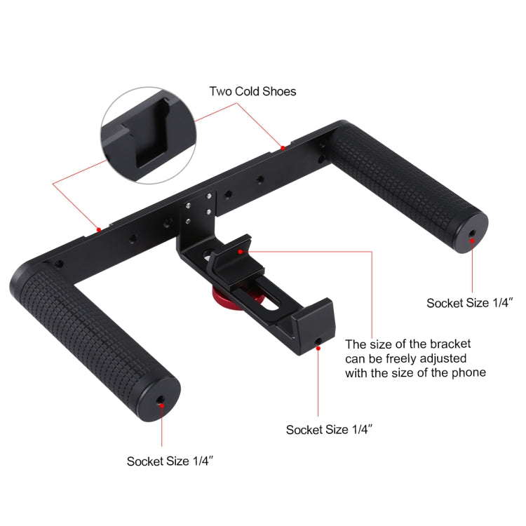 PULUZ 4 in 1 Vlogging Trasmissione dal vivo 4,7 pollici 12 cm Anello LED Selfie Light Smartphone Video Rig Maniglia Stabilizzatore Kit staffa in alluminio con microfono + Supporto per treppiede + Testa per treppiede con slitta fredda                   ...