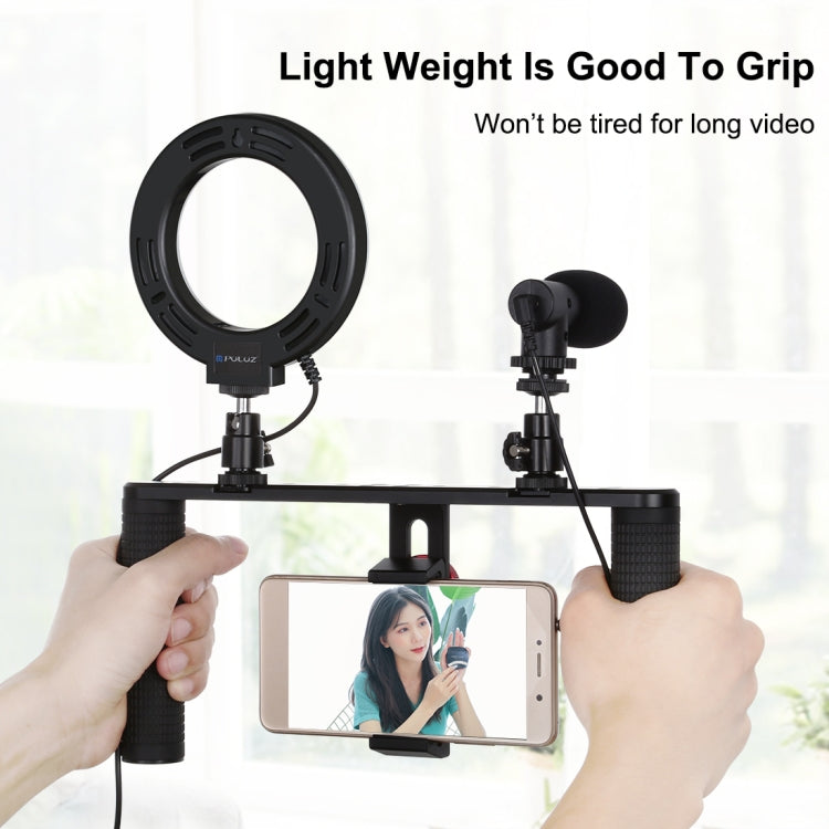PULUZ 4 in 1 Vlogging Trasmissione dal vivo 4,7 pollici 12 cm Anello LED Selfie Light Smartphone Video Rig Maniglia Stabilizzatore Kit staffa in alluminio con microfono + Supporto per treppiede + Testa per treppiede con slitta fredda                   ...
