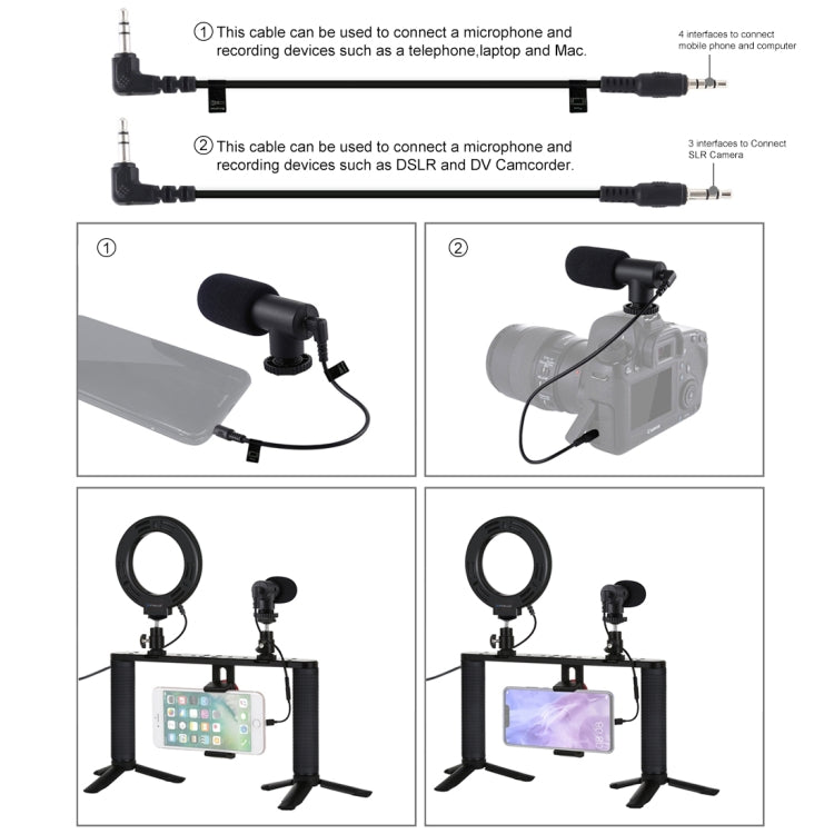 PULUZ 4 in 1 Vlogging Trasmissione dal vivo 4,7 pollici 12 cm Anello LED Selfie Light Smartphone Video Rig Maniglia Stabilizzatore Kit staffa in alluminio con microfono + Supporto per treppiede + Testa per treppiede con slitta fredda                   ...