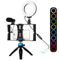 PULUZ 4 in 1 Vlogging Live Broadcast Smartphone Video Rig + Anello RGBW da 4,7 pollici 12 cm LED Selfie Light + Microfono + Kit di montaggio per treppiede tascabile con testa per treppiede con slitta fredda, 4-in-1, 4-in-1 RGBW Ring LED