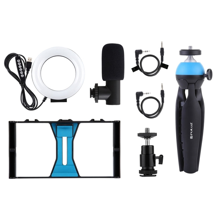 PULUZ 4 in 1 Vlogging Live Broadcast Smartphone Video Rig + Anello RGBW da 4,7 pollici 12 cm LED Selfie Light + Microfono + Kit di montaggio per treppiede tascabile con testa per treppiede con slitta fredda, 4-in-1, 4-in-1 RGBW Ring LED