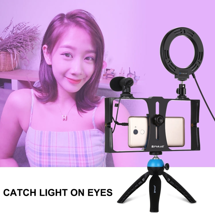 PULUZ 4 in 1 Vlogging Live Broadcast Smartphone Video Rig + Anello RGBW da 4,7 pollici 12 cm LED Selfie Light + Microfono + Kit di montaggio per treppiede tascabile con testa per treppiede con slitta fredda, 4-in-1, 4-in-1 RGBW Ring LED