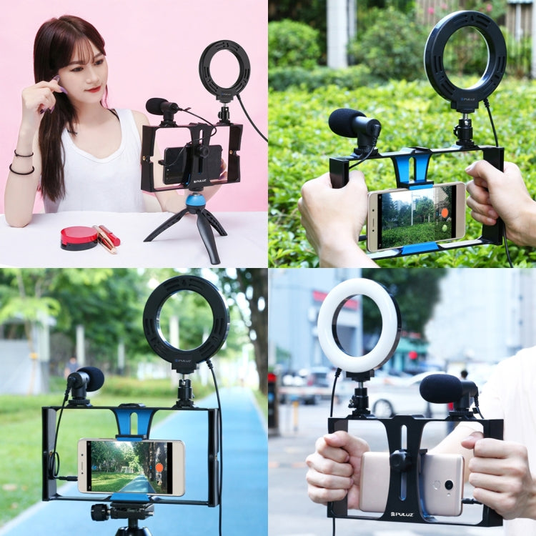 PULUZ 4 in 1 Vlogging Live Broadcast Smartphone Video Rig + Anello RGBW da 4,7 pollici 12 cm LED Selfie Light + Microfono + Kit di montaggio per treppiede tascabile con testa per treppiede con slitta fredda, 4-in-1, 4-in-1 RGBW Ring LED