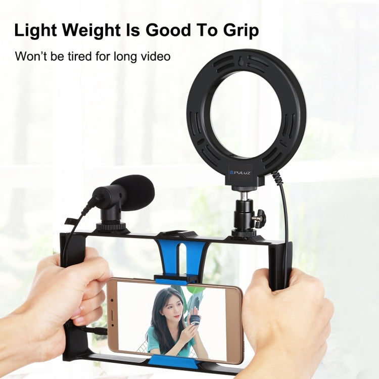 PULUZ 4 in 1 Vlogging Live Broadcast Smartphone Video Rig + Anello RGBW da 4,7 pollici 12 cm LED Selfie Light + Microfono + Kit di montaggio per treppiede tascabile con testa per treppiede con slitta fredda, 4-in-1, 4-in-1 RGBW Ring LED
