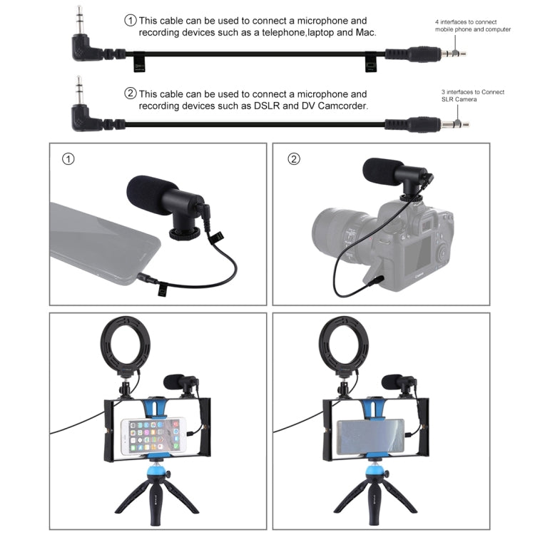 PULUZ 4 in 1 Vlogging Live Broadcast Smartphone Video Rig + Anello RGBW da 4,7 pollici 12 cm LED Selfie Light + Microfono + Kit di montaggio per treppiede tascabile con testa per treppiede con slitta fredda, 4-in-1, 4-in-1 RGBW Ring LED