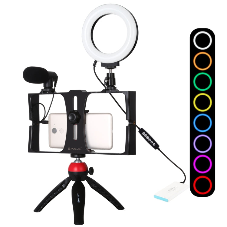 PULUZ 4 in 1 Vlogging Live Broadcast Smartphone Video Rig + Anello RGBW da 4,7 pollici 12 cm LED Selfie Light + Microfono + Kit di montaggio per treppiede tascabile con testa per treppiede con slitta fredda, 4-in-1, 4-in-1 RGBW Ring LED