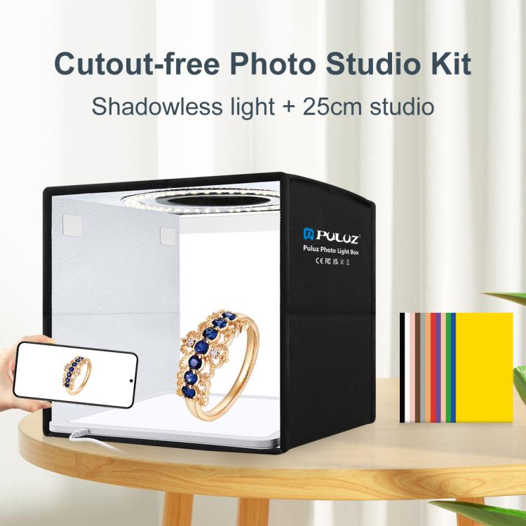 PULUZ 25 cm pieghevole portatile anello ad alto CRI LED illuminazione fotografica tenda da studio + pannello lampada a luce senza ombre con fondali a 12 colori, dimensioni: 25 cm x 25 cm x 25 cm, 25cm High CRI Box + Shadowless Light