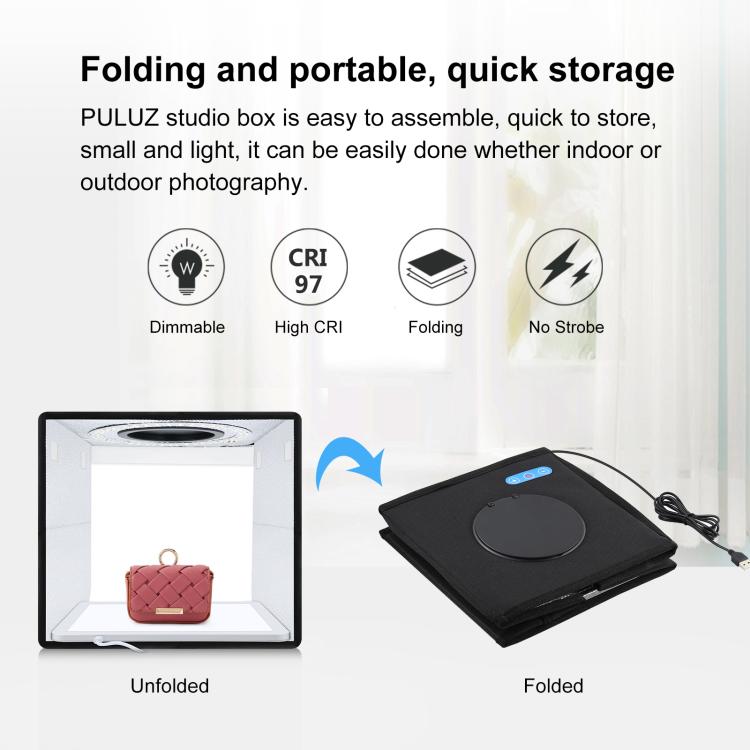 PULUZ 25 cm pieghevole portatile anello ad alto CRI LED illuminazione fotografica tenda da studio + pannello lampada a luce senza ombre con fondali a 12 colori, dimensioni: 25 cm x 25 cm x 25 cm, 25cm High CRI Box + Shadowless Light