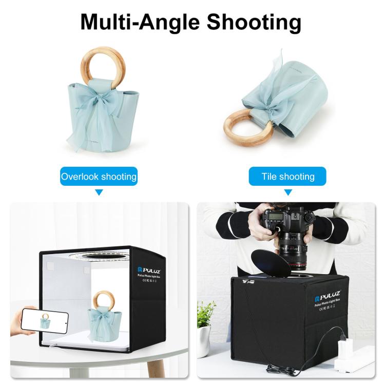 PULUZ 25 cm pieghevole portatile anello ad alto CRI LED illuminazione fotografica tenda da studio + pannello lampada a luce senza ombre con fondali a 12 colori, dimensioni: 25 cm x 25 cm x 25 cm, 25cm High CRI Box + Shadowless Light