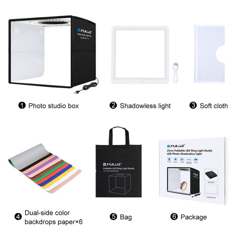 PULUZ 25 cm pieghevole portatile anello ad alto CRI LED illuminazione fotografica tenda da studio + pannello lampada a luce senza ombre con fondali a 12 colori, dimensioni: 25 cm x 25 cm x 25 cm, 25cm High CRI Box + Shadowless Light
