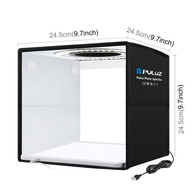PULUZ 25 cm pieghevole portatile anello ad alto CRI LED illuminazione fotografica tenda da studio + pannello lampada a luce senza ombre con fondali a 12 colori, dimensioni: 25 cm x 25 cm x 25 cm, 25cm High CRI Box + Shadowless Light