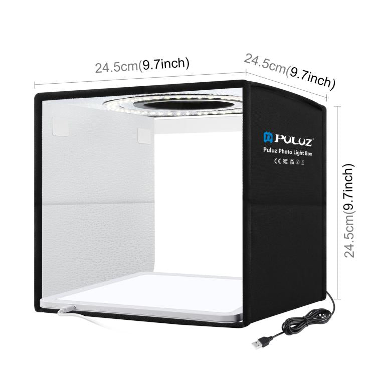 PULUZ 25 cm pieghevole portatile anello ad alto CRI LED illuminazione fotografica tenda da studio + pannello lampada a luce senza ombre con fondali a 12 colori, dimensioni: 25 cm x 25 cm x 25 cm, 25cm High CRI Box + Shadowless Light