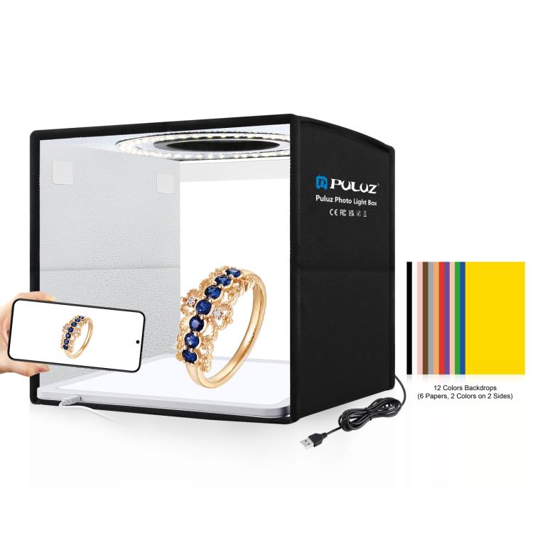 PULUZ 25 cm pieghevole portatile anello ad alto CRI LED illuminazione fotografica tenda da studio + pannello lampada a luce senza ombre con fondali a 12 colori, dimensioni: 25 cm x 25 cm x 25 cm, 25cm High CRI Box + Shadowless Light