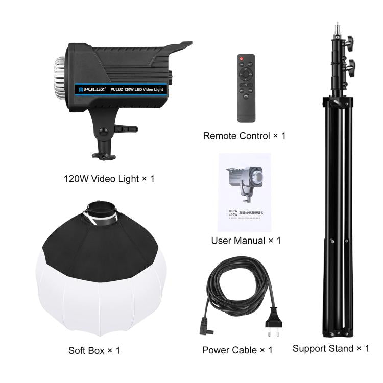 PULUZ 220V 150W 3200K-5600K Luce video da studio + supporto luce da 2,8 m + kit fotografico Softbox lanterna pieghevole da 65 cm, 120W 2700K-6500K Light 2.8m Light Holder Kit EU Plug, 120W 2700K-6500K Light 2.8m Light Holder Kit UK Plug                ...